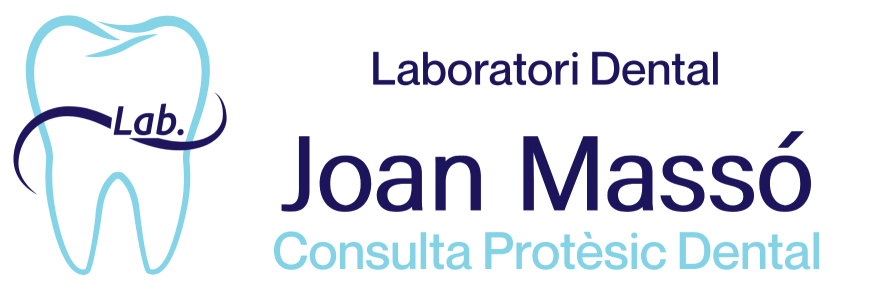 Logo d'una dent amb el nom de Joan Massó i consulta de protèsic dental amb tonalitats de blaus.
