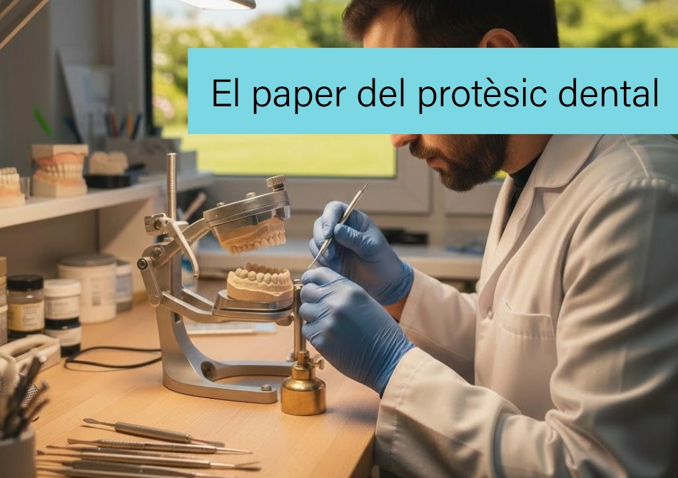 Imatge per al blog apareix un pròtesic dental al laboratori fabricant unes dents postises i el text: El paper del protèsic dental